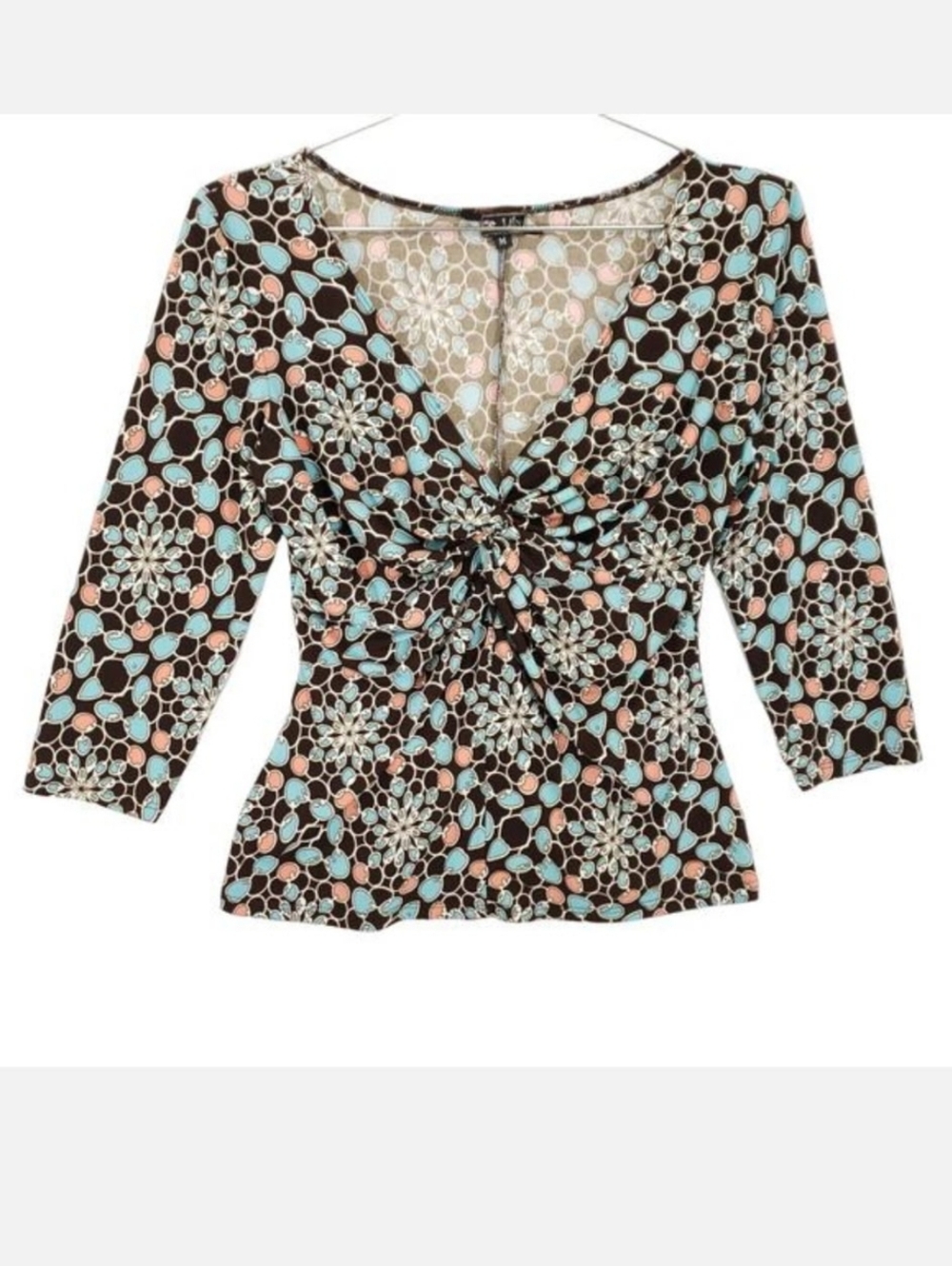 Lily Blouse Brown Multicolor Geometric 3/4 Sleeves Center Cinch Top Size M
